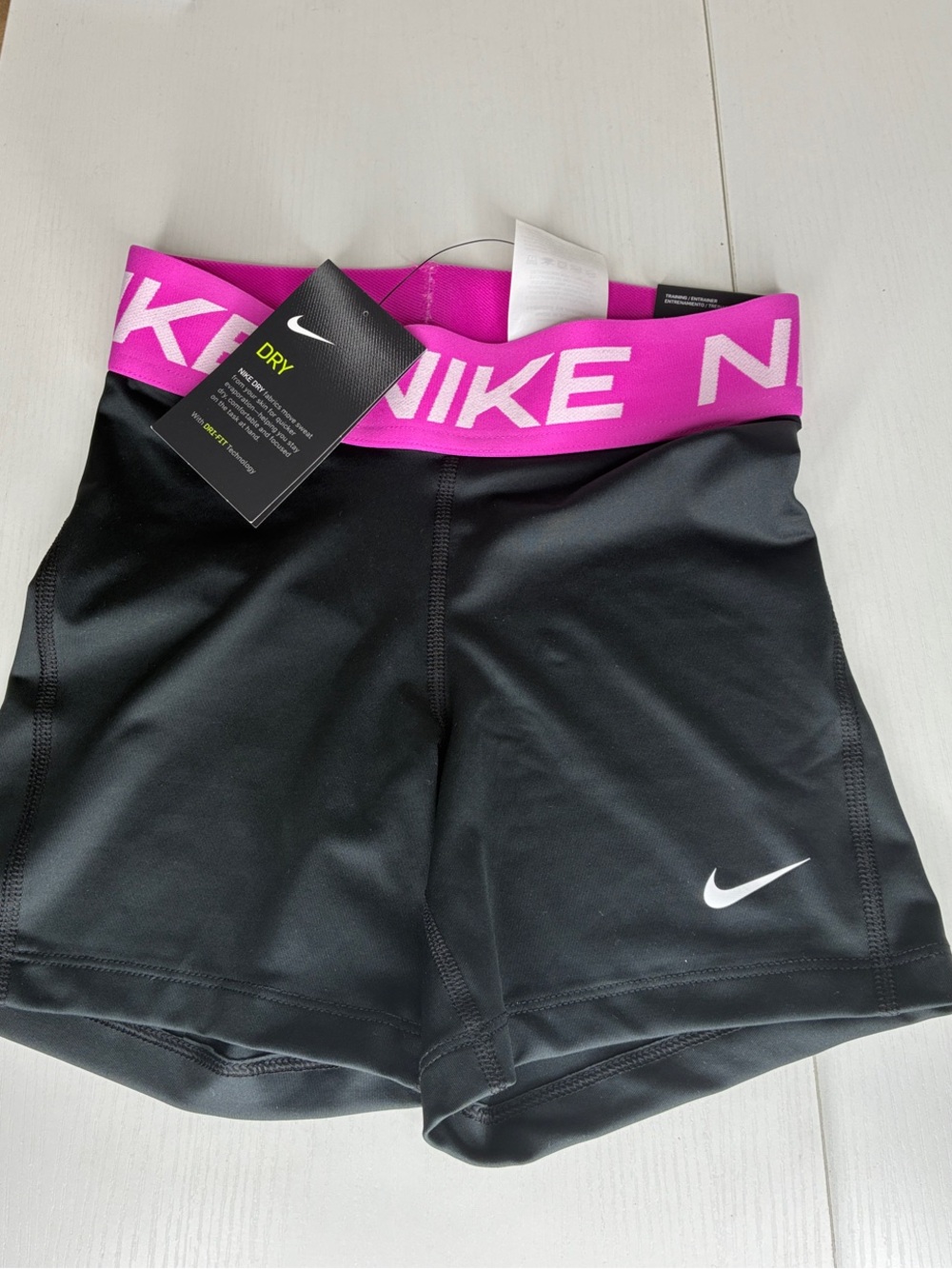 Nike Women's Black Bike Shorts with Pink Branded Waistband